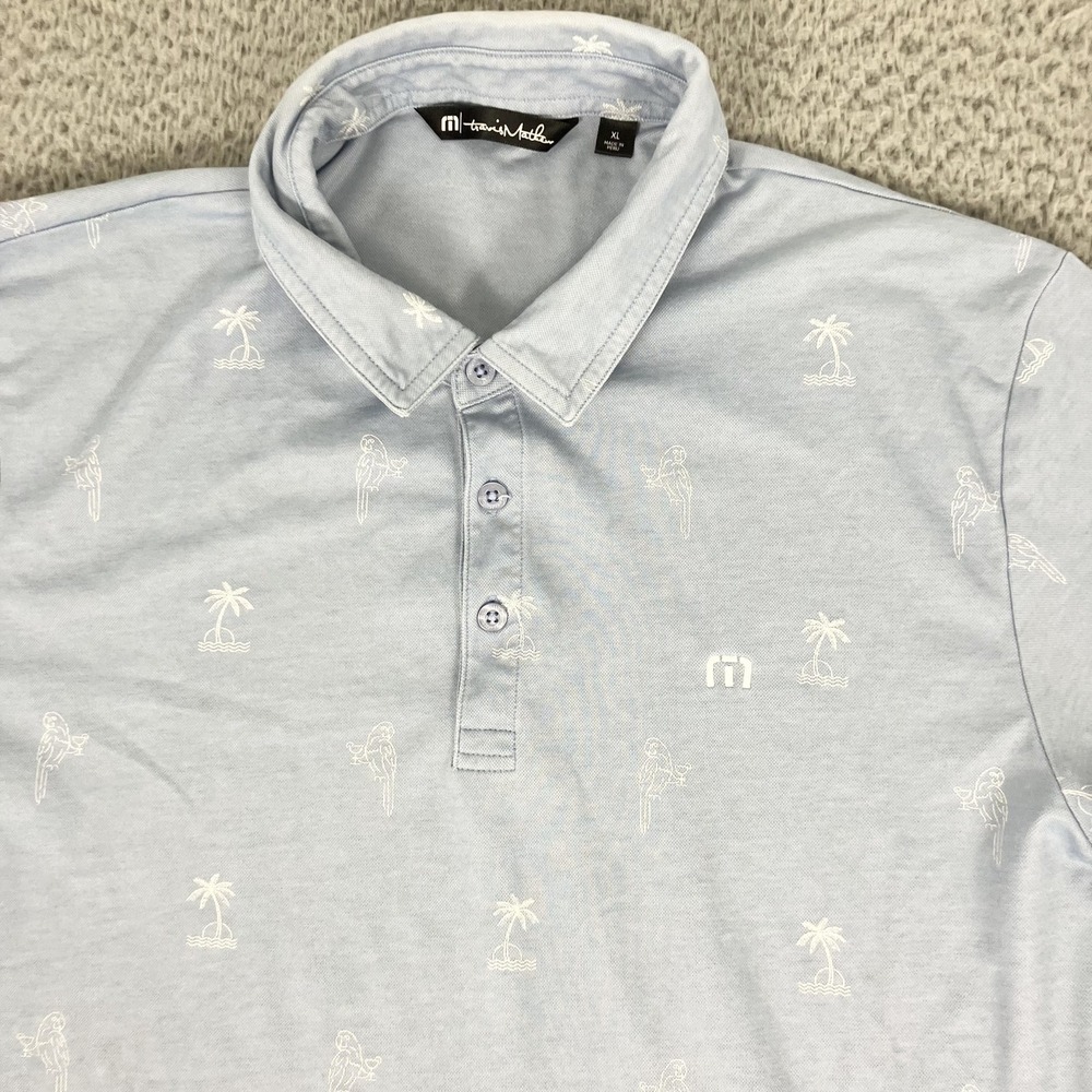 TravisMathew Polo Shirt Mens XL Blue Palm‎ Tree Parrot Print Golf Performance